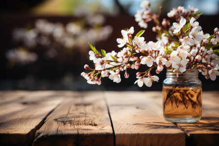 Wooden deck table on the spring background of the flowers professional photographyの素材