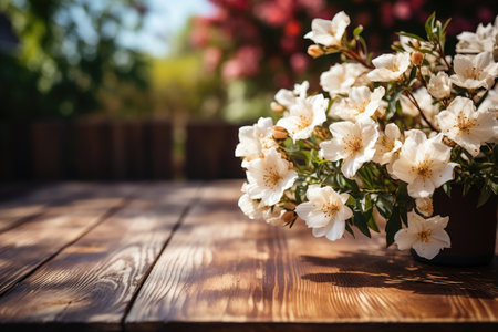 Wooden deck table on the spring background of the flowers professional photographyの素材