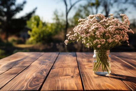 Wooden deck table on the spring background of the flowers professional photographyの素材