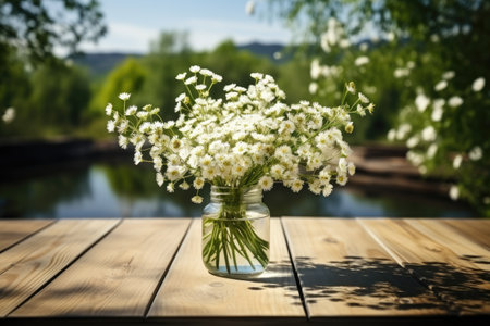 Wooden deck table on the spring background of the flowers professional photographyの素材
