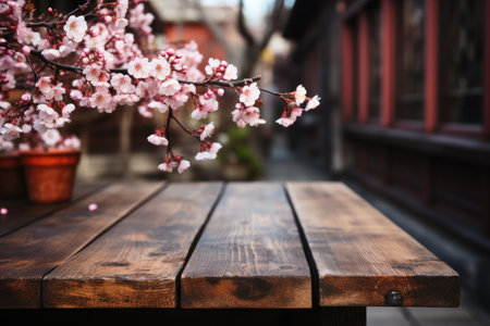 Wooden deck table on the spring background of the flowers professional photographyの素材