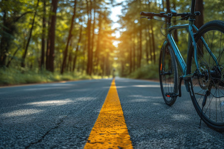 a bike view of spring road in the sunlight professional photographyの素材
