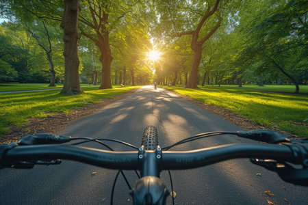 a bike view of spring road in the sunlight professional photographyの素材