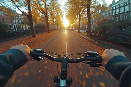 a bike view of spring road in the sunlight professional photographyの素材