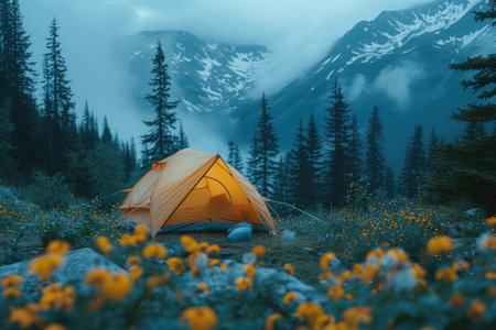 Camping in the mountains. Yellow tent and flowers in the foreground.の素材