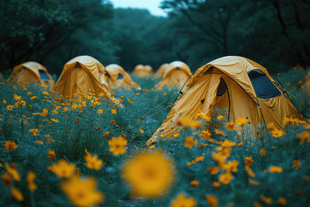 Camping in the field of yellow cosmos flowers in the evening.の素材