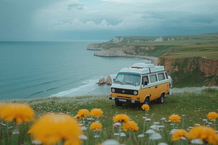 Camper van on the sea coast. Camper van on the sea coastの素材