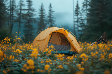 Camping in the mountains. Camping tent on a meadow with yellow flowers.の素材