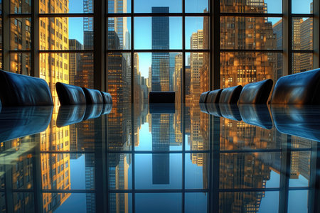corporate boardroom table and chairs with cityscape view professional photographyの素材