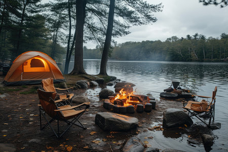 Camping on the shore of a lake. Camping in the forest.の素材
