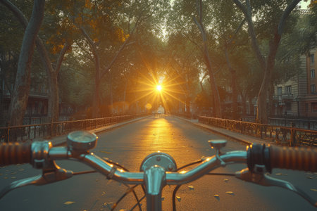 a bike view of spring road in the sunlight professional photographyの素材