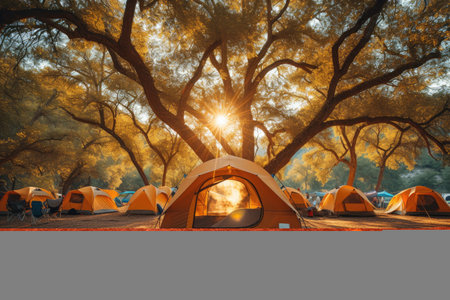 Camp out with tent in park professional photographyの素材