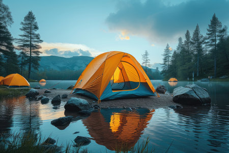 Camp out with tent in park professional photographyの素材