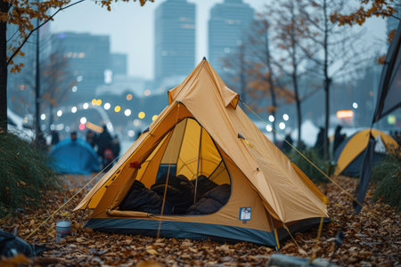 Camp out with tent in park professional photographyの素材