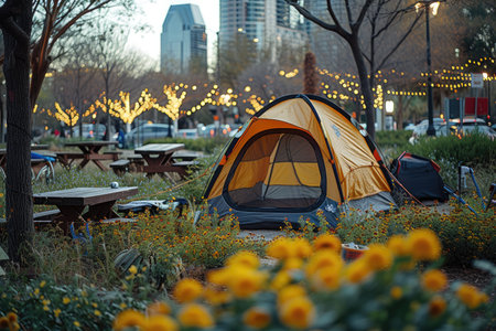 Camp out with tent in park professional photographyの素材