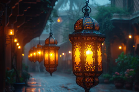 Arabic hanging lanterns at the dark night thick with moslem atmosphere professional photographyの素材
