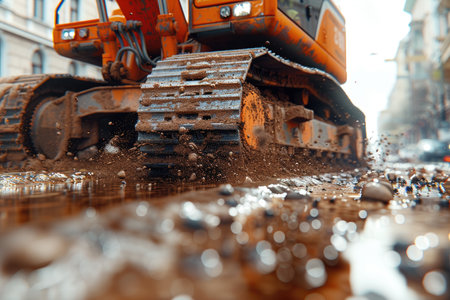 An excavator digging dirt on a construction professional photographyの素材