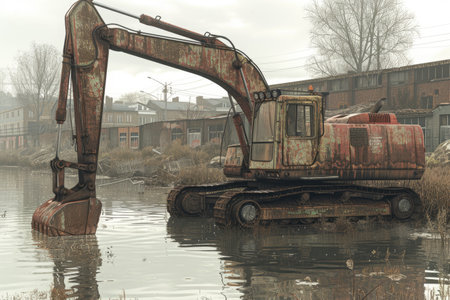 An excavator digging dirt on a construction professional photographyの素材