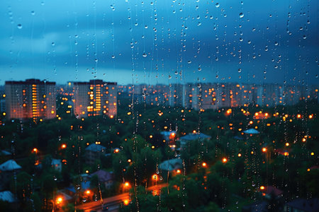 Panoramic window showing a view of a night time city lit up with lights and rainy professional photographyの素材