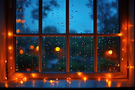 Panoramic window showing a view of a night time city lit up with lights and rainy professional photographyの素材