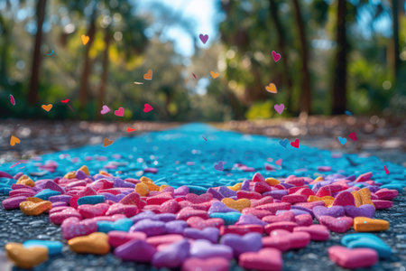 heart shaped confetti falling from a bright blue sky professional photography backgroundの素材