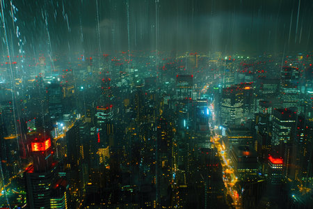 Panoramic window showing a view of a night time city lit up with lights and rainy professional photographyの素材