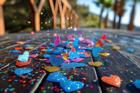 heart shaped confetti falling from a bright blue sky professional photography backgroundの素材