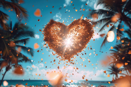 heart shaped confetti falling from a bright blue sky professional photography backgroundの素材