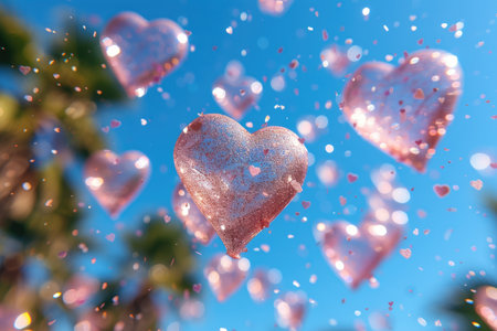 heart shaped confetti falling from a bright blue sky professional photography backgroundの素材