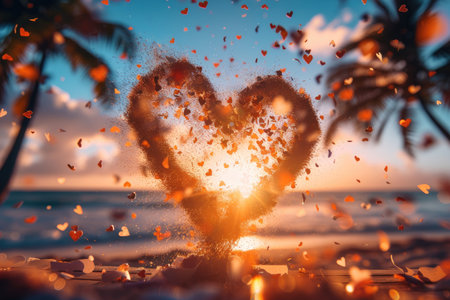 heart shaped confetti falling from a bright blue sky professional photography backgroundの素材