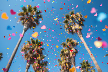 heart shaped confetti falling from a bright blue sky professional photography backgroundの素材