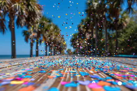 heart shaped confetti falling from a bright blue sky professional photography backgroundの素材