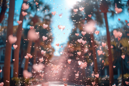 heart shaped confetti falling from a bright blue sky professional photography backgroundの素材