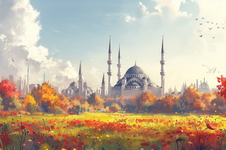 design watercolour painting of ramadan decoration and islamic greeting card backgroundの素材
