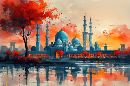 design watercolour painting of ramadan decoration and islamic greeting card backgroundの素材