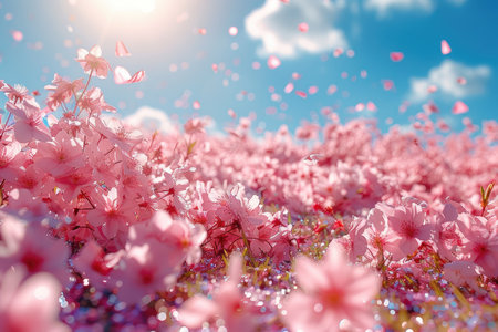 petal flowers confetti falling from a bright blue sky on an autumn or spring professional photographyの素材