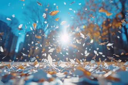 papers confetti falling in the bright blue sky professional photography backgroundの素材