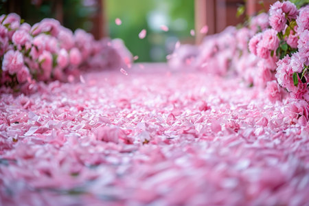 petal flowers confetti falling from a bright blue sky on an autumn or spring professional photographyの素材