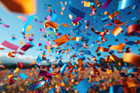 papers confetti falling in the bright blue sky professional photography backgroundの素材
