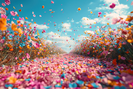 petal flowers confetti falling from a bright blue sky on an autumn or spring professional photographyの素材