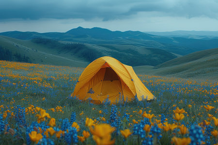 Camping in the wildflowers meadow. Yellow tent on the background of blue flowers.の素材