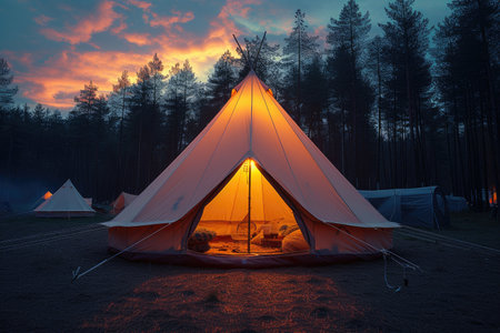 Camping tent in the forest at sunset. 3D rendering.の素材