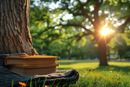 A blanket and a book under a tree in a sunny spring park professional photographyの素材