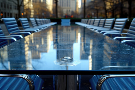 corporate boardroom table and chairs with cityscape view professional photographyの素材