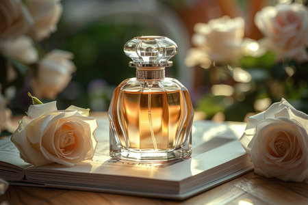 A perfume  transparent bottle placed on the books surrounded by flowers professional photographyの素材