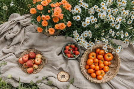 picnic with blanket spread out all food on a grassy field when spring day professional photographypicnic with blanket spread out all food on a grassy field when spring day professional photographyの素材