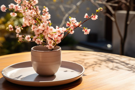 early spring sunny light in small table cosy minimalist style professional photographyの素材