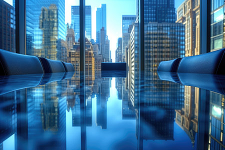 corporate boardroom table and chairs with cityscape view professional photographyの素材