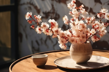 early spring sunny light in small table cosy minimalist style professional photographyの素材