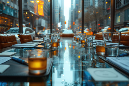 corporate boardroom table and chairs with cityscape view professional photographyの素材